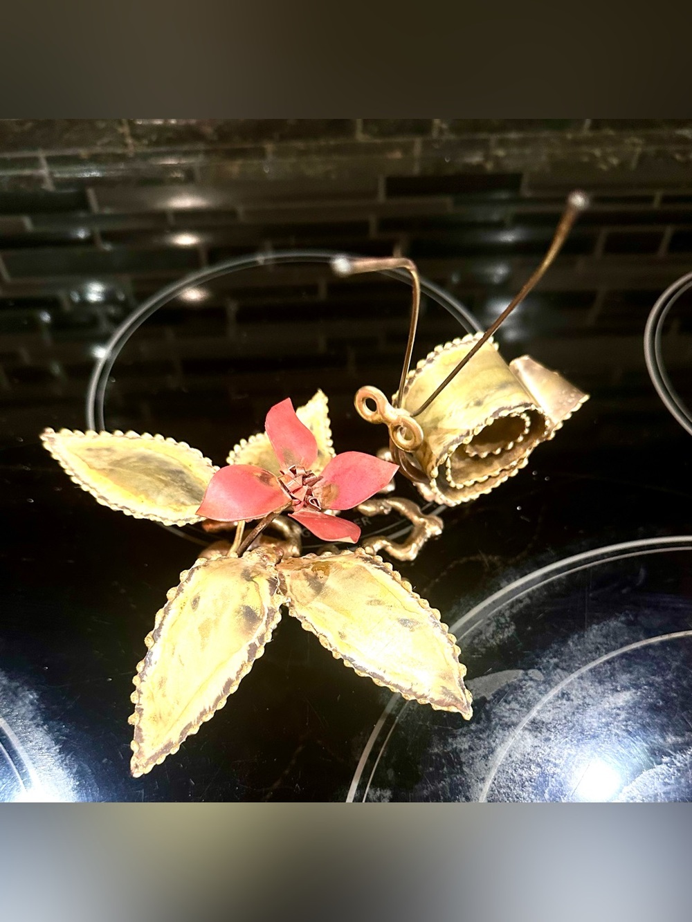 Vintage MCM Brutalist Brass Copper Sculpture Art Snail & Floral Lilly